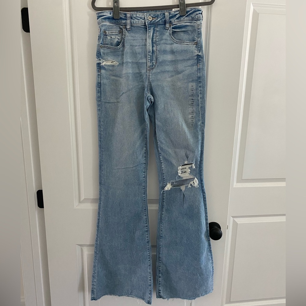 American Eagle Light Blue Distressed Flare Women's Jeans 12 X-Long NWT